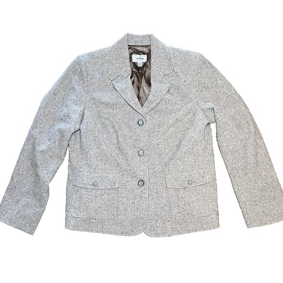 LL Bean Blazer 3 Button Jacket Women's Large Wool Lined Silk Blend Herringbone - Picture 2 of 16